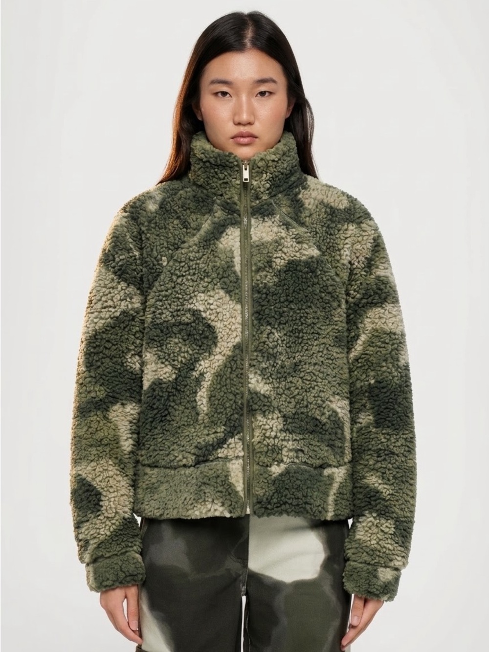 Hollister Olive Green Camo Sherpa Zip Jacket